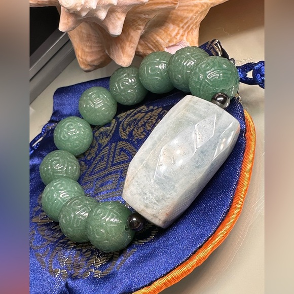 MASSIVE AQUAMARINE + JADE  AVENTURINE  NATURAL STONES BRACELET size 7” - Picture 5 of 16